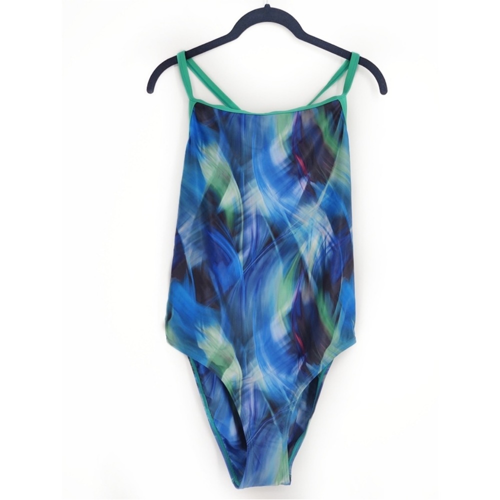 GrandEverest one-piece bathing suit crisscross straps blue green (Girl) 2XL NWT